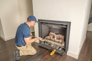 Technician inspecting a gas fireplace insert with tools on the floor, performing chimney repair services.