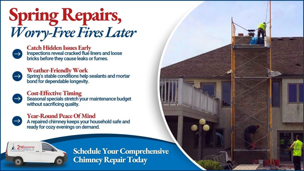 This is an image of chimney repair people working on a chimney. The headline reads spring repairs, worry, free fires later.