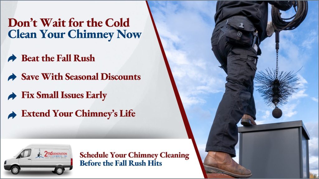 This is an image of a chimney sweep cleaning a chimney. The headline reads. Don't wait for the cold clean your chimney now.