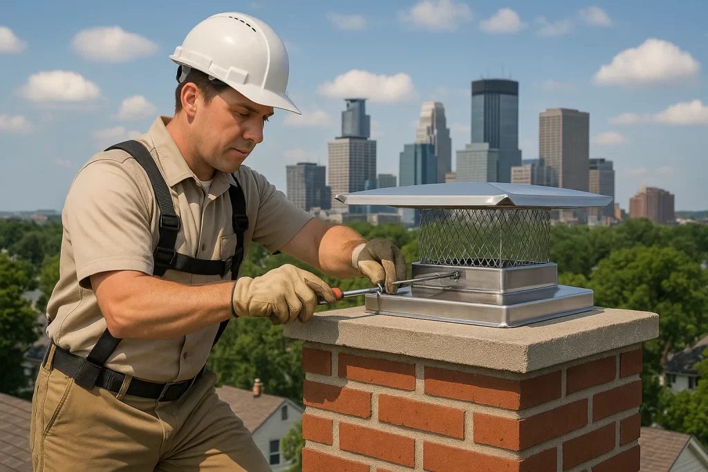 Technician installing top-sealing chimney damper on Minneapolis roof in summer