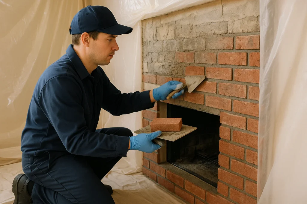 A technician re-facing a fireplace.