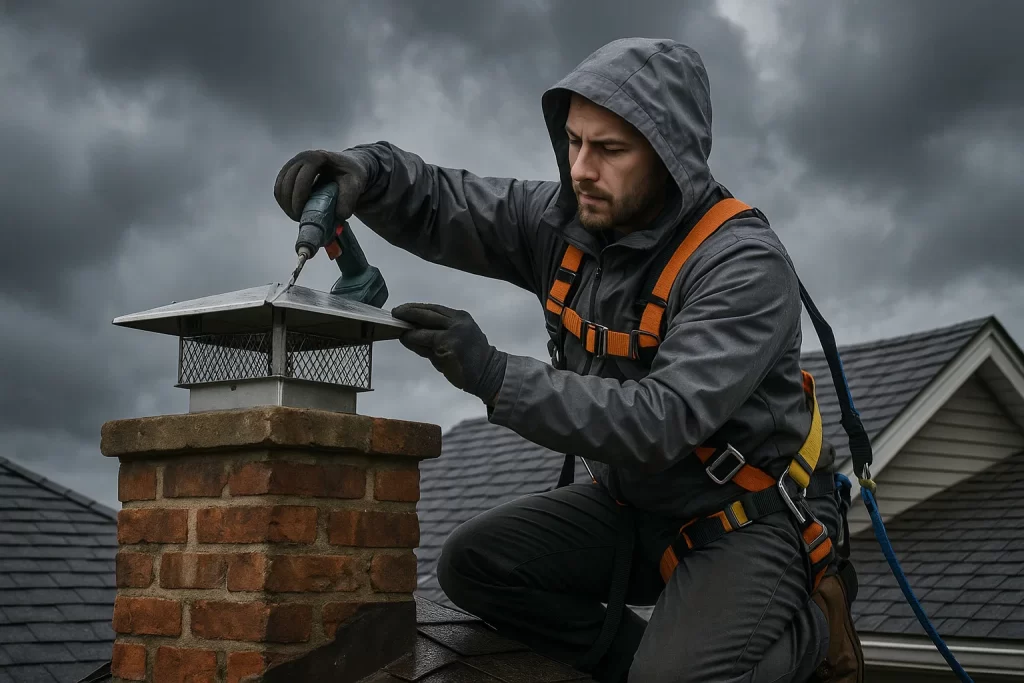 Chimney technician secures chimney cap during overcast weather