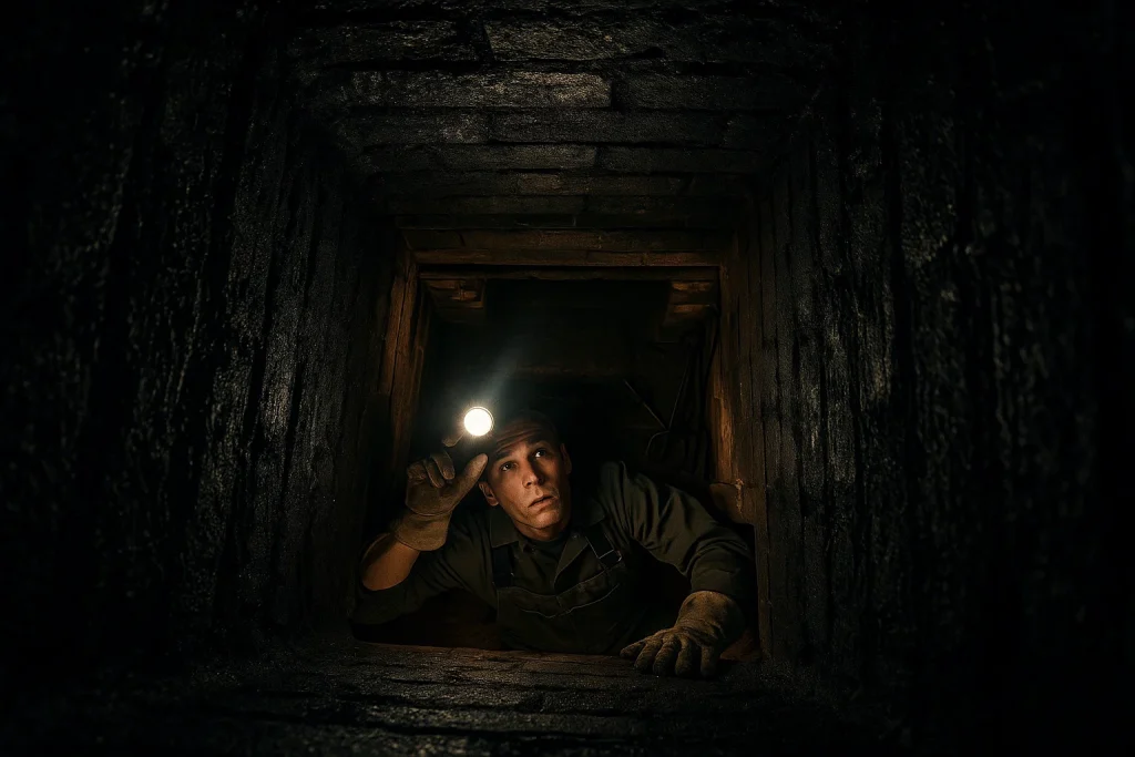 Image of a chimney expert looking up a soot and creosote covered chimney.