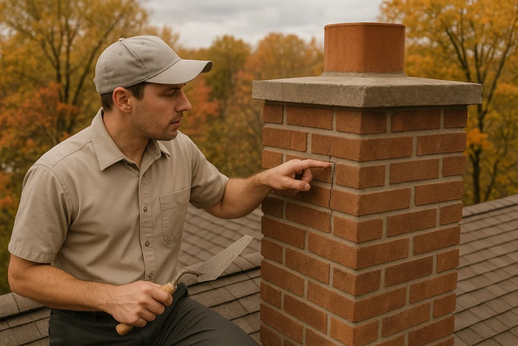 Chimney technician points out cracks in masonry chimney before winter
