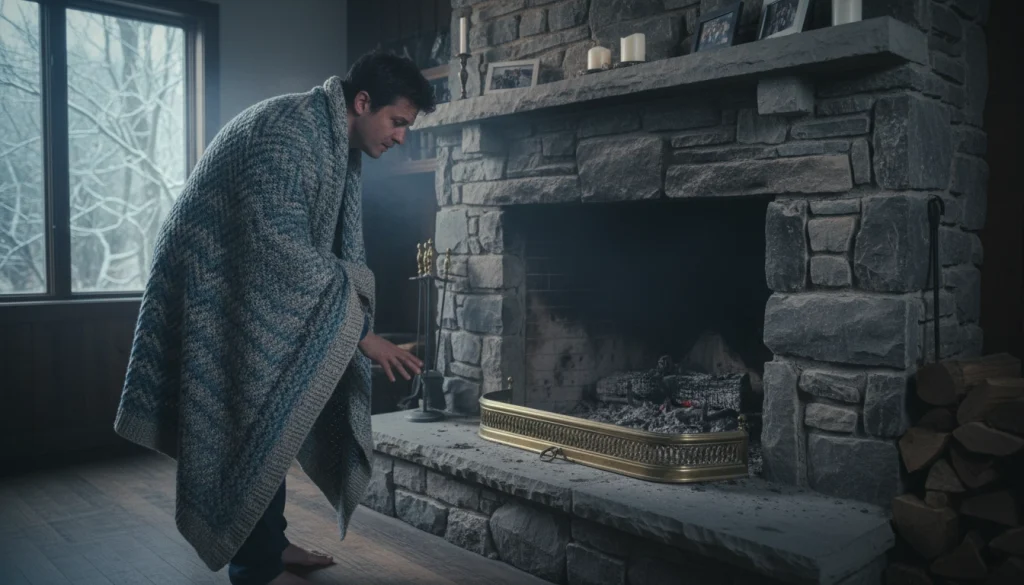 A homeowner, in a blanket, standing in front of a drafty fireplace.