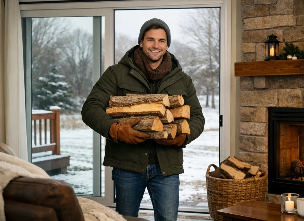 A homeowner bringing in wood for the fire.
