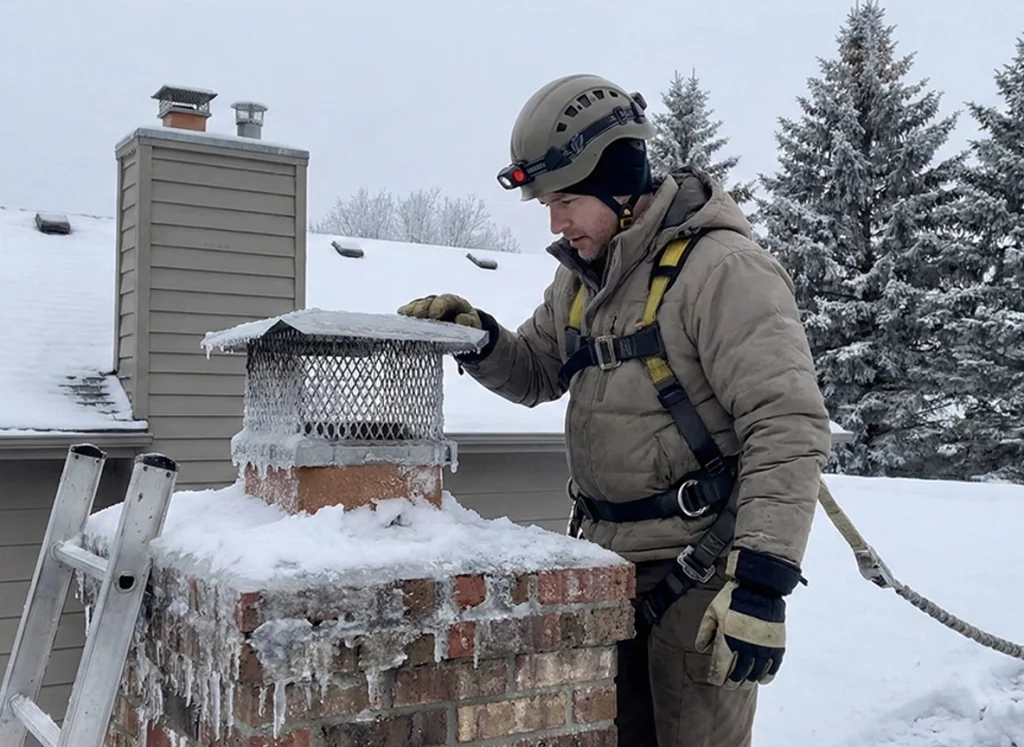 Chimney technician inspecting snow and ice buildup on chimney flue in snowy Minnesota backyard