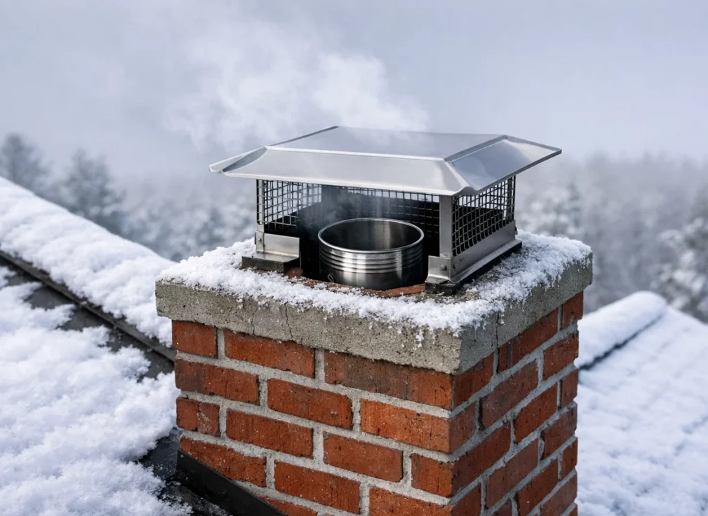 Chimney liner and cap safely venting smoke during winter snowfall