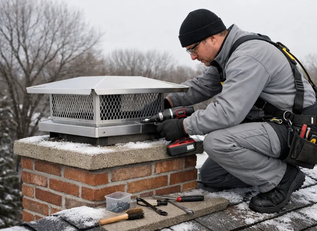 Technician installing stainless chimney cap with mesh screen on snowy rooftop
