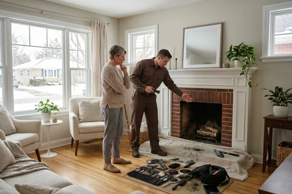 Twin Cities homeowner learning chimney inspection process