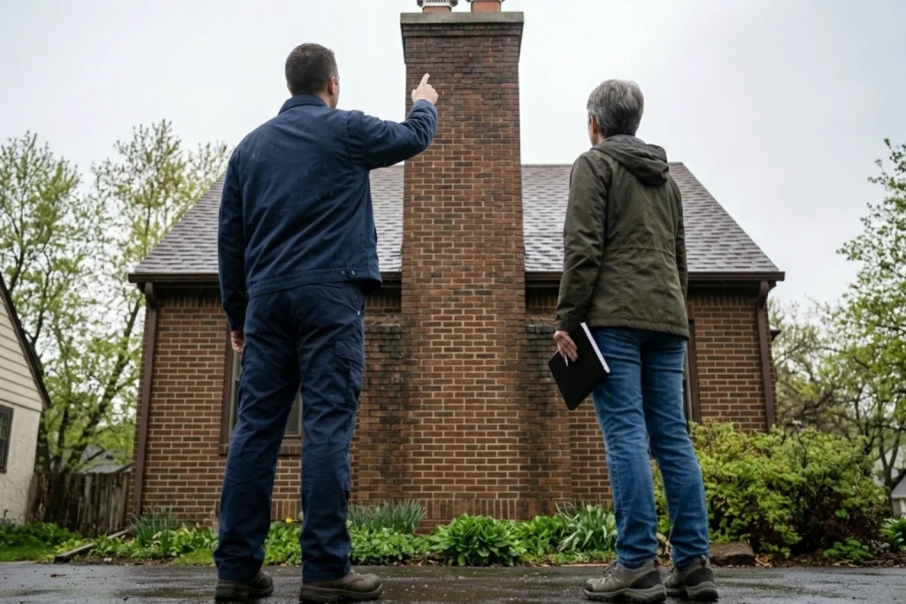 Homeowner reviewing chimney cap and crown protection with technician