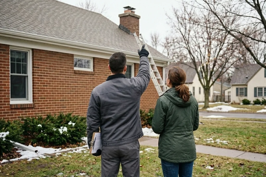 Homeowner reviewing post-winter chimney damage with technician