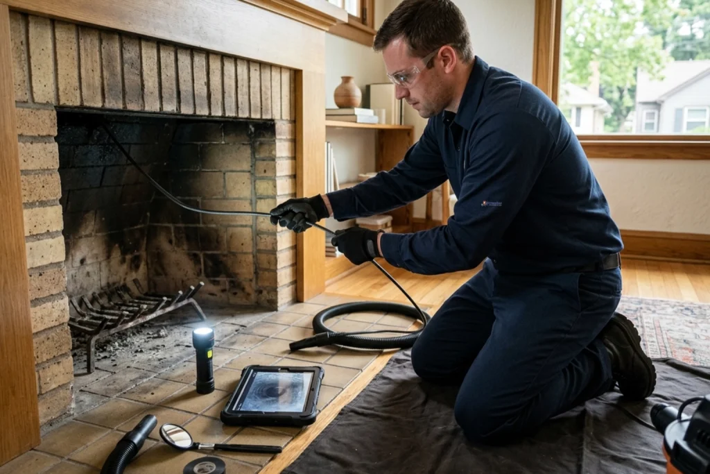 Chimney technician performing Level 2 fireplace inspection