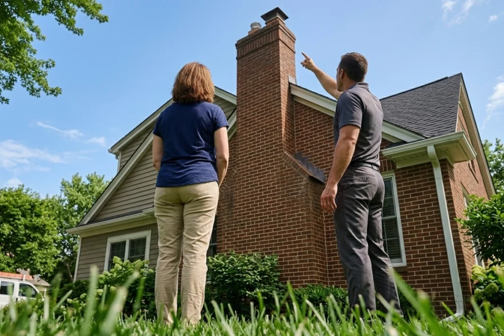 Homeowner discussing chimney repairs before exterior work