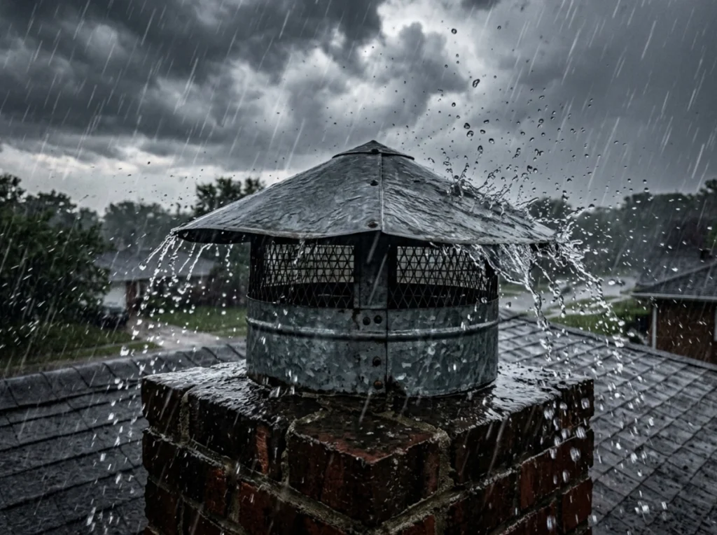 A heavy summer thunderstorm pouring on a chimney cap in Minneapolis St. Paul.