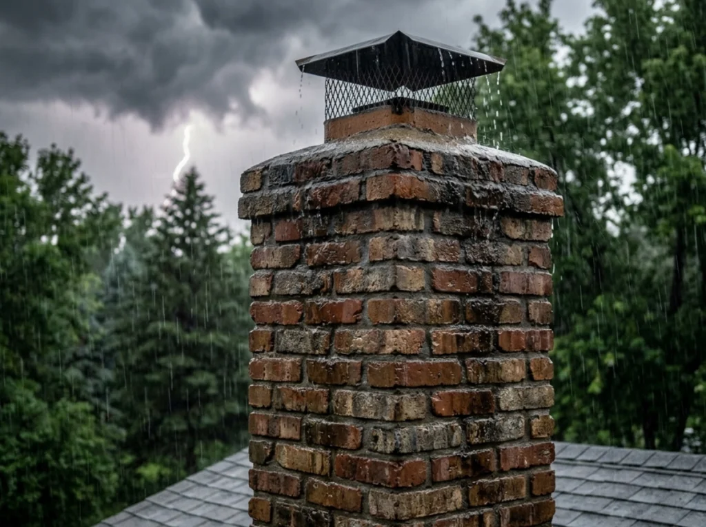 A image of a masonry chimney during a storm.