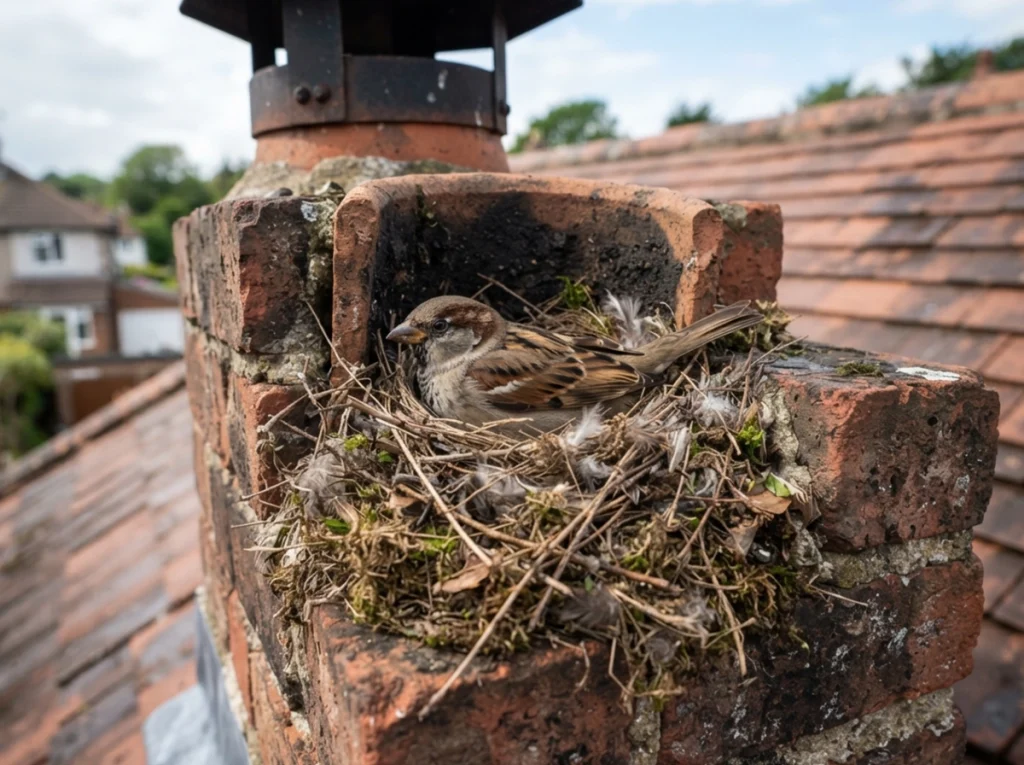 A bird has made a nest in a chimney area on top of a home.