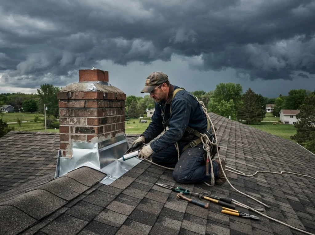 The chimney repair man replacing a flashing on a chimney on the roof