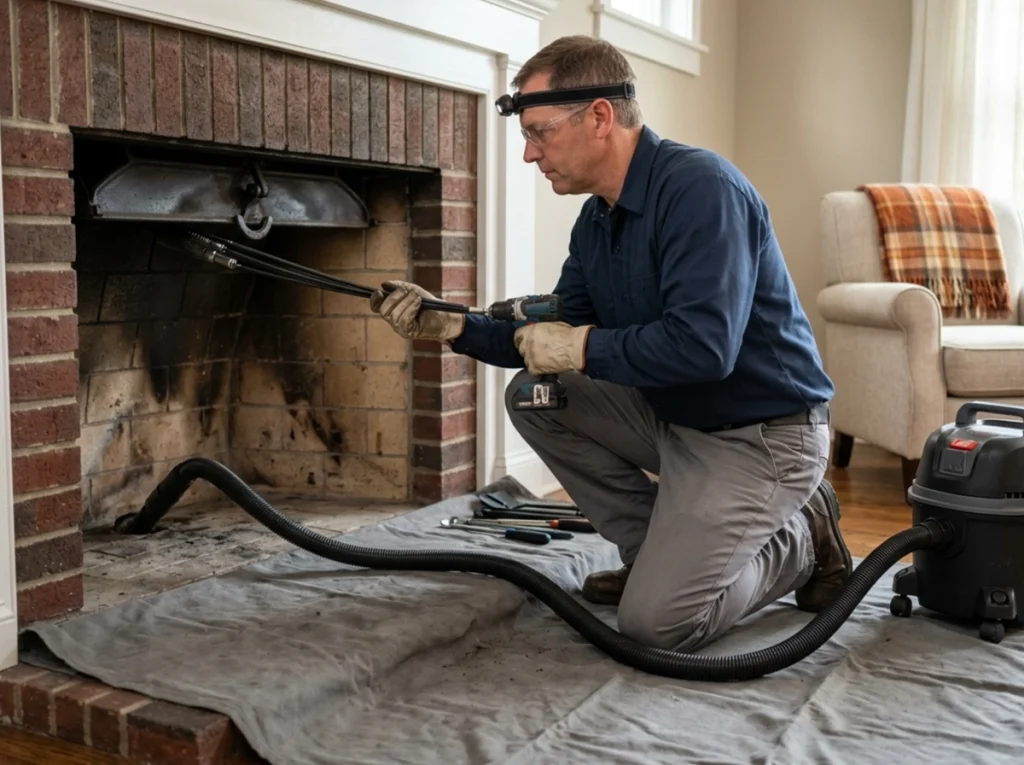 Chimney technician cleaning creosote from wood-burning fireplace flue