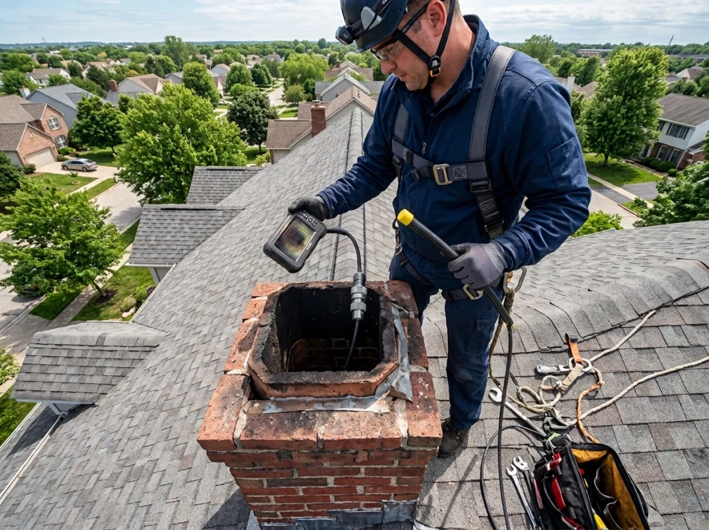 Chimney technician using a camera to inspect a fireplace flue